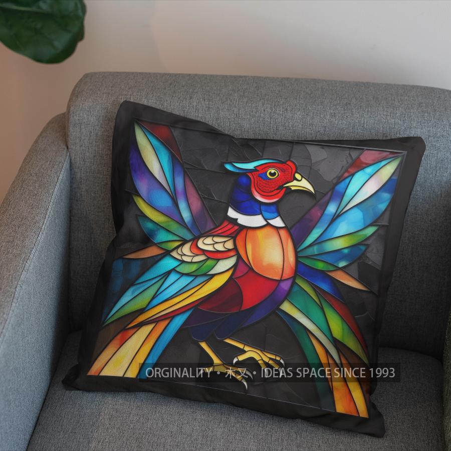 2D Stained Glass Pheasant Design Decorative Pillow Pattern Cushion Cover Suitable For Sofa Bedroom Car Pillow Cover