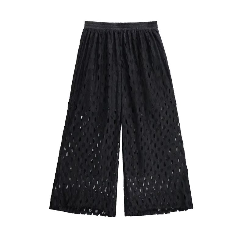 Women's Summer Wide-Leg Pants Elastic Waist Hollow Out Pants