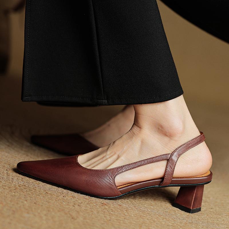 Fashion 2025 Summer Women Sandals Genuine Leather Women Shoes Cover Toe Slingback Shoes Pointed Toe Med Heel Concise Designer Sandals