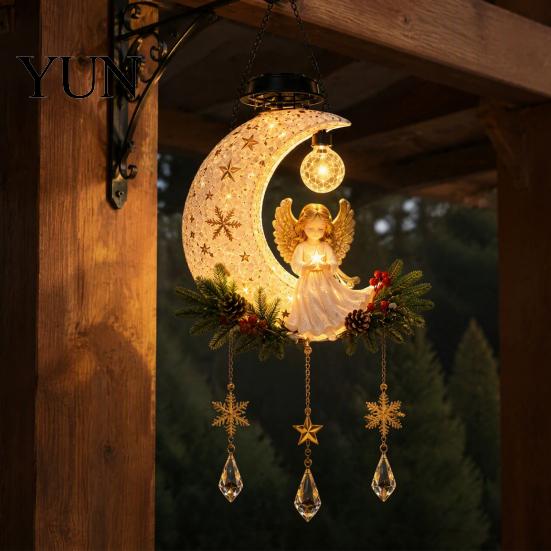 Outdoor Christmas Tree Ornaments Solar Angel Moon Light, Hanging Lantern with Warm Glow, Resin Automatic Powered Light Yard Decoration for Porch Tree,