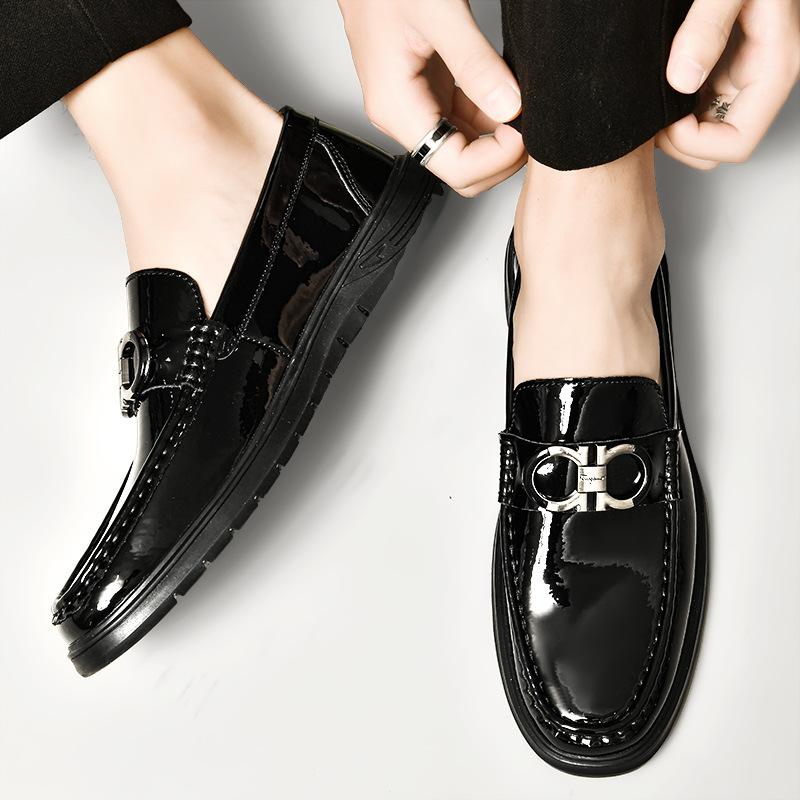 Rubber large size cowhide men's shoes mirror glossy plaid embossed style casual business foot leather shoes