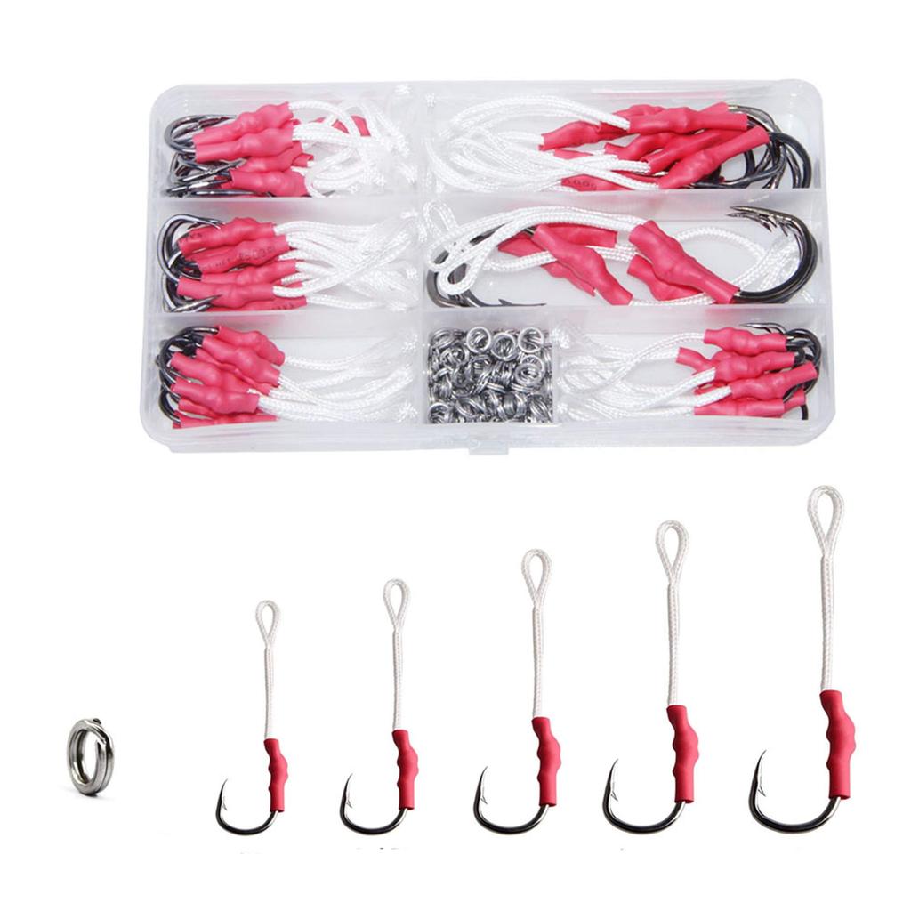Assist Hook Set with 106 Fishing Hooks and Split Metal Fishing Equipment (1/0, 3/0, 5/0, 7/0, 9/0) Rings, Jigging, Tackle,
