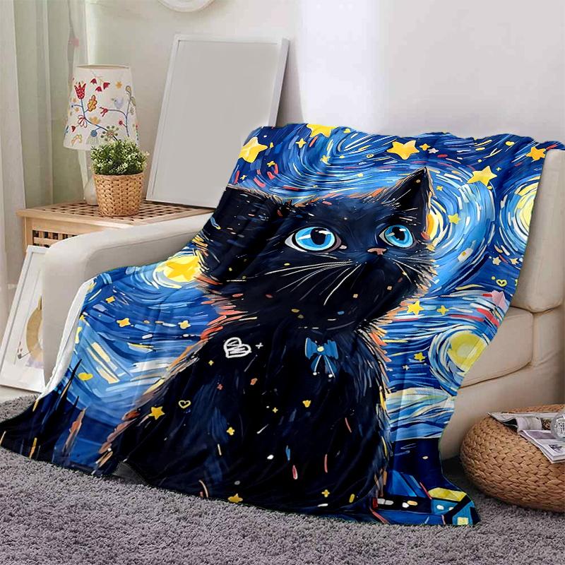 1pc Starry Night Kitten Cartoon Blanket Home Decorative Throw Gift Perfect for Couch Bed Living Room