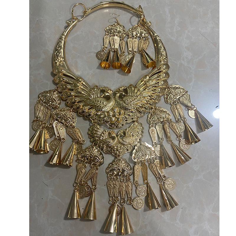 Retro Pendant Peacock Necklace Earrings Set With Bell For Festival Accessories