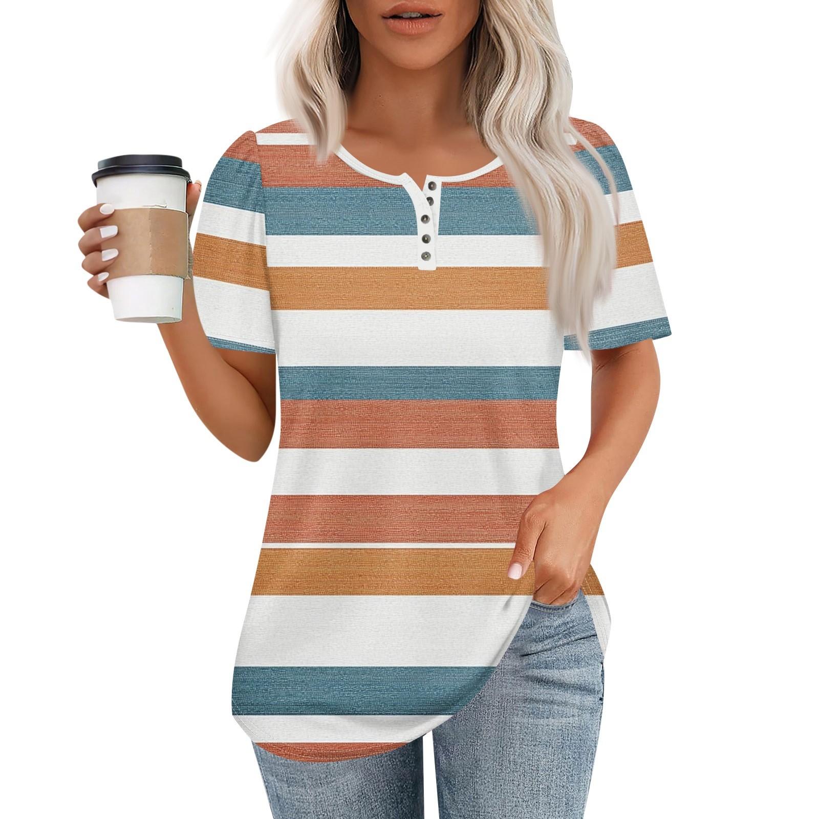 

Женский модный повседневный короткий рукав пуловер с принтом на пуговицах и круглым вырезом L хаки