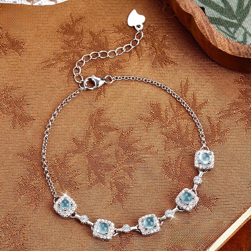 Natural A Jadeite Blue Water Egg Surface Princess Bracelet Inlaid with Ice Jade Women's S925 Sterling Silver Light Luxury Jewelry Fashion Gift