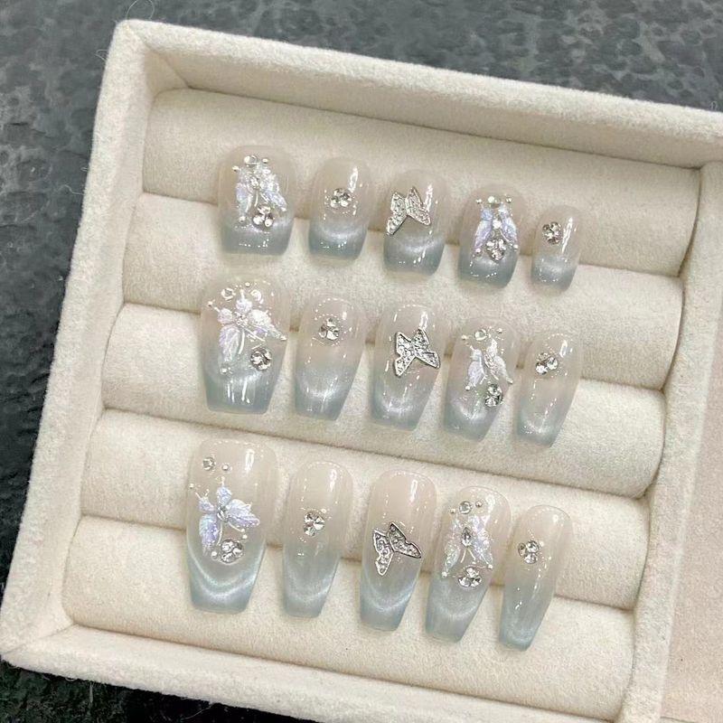 

Manicure Handmade Wear Nail Summer Cat Eye Butterfly Long Detachable Short Nail Stickers Finished Wearable [S code] short ladder