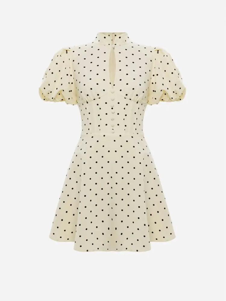 Retro Polka Dot Mini A-line Dress Women Elegant Stand Collar Puff Short Sleeve Waist-cinching Dresses Lady Party Robe 2026 New