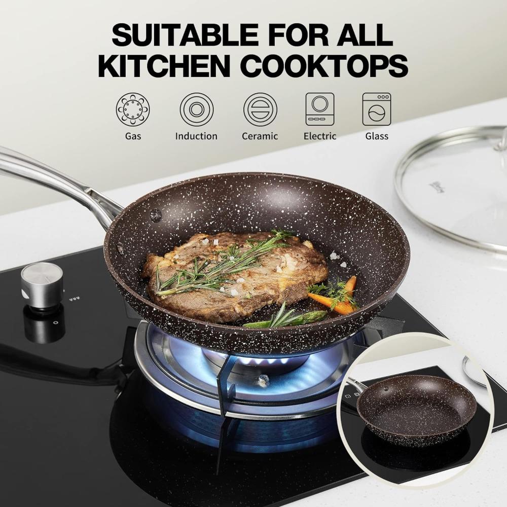 Hlafrg 12-Zoll Braune Marmorpfanne Antihaft-Bratpfanne mit Deckel Steinabgeleitete Beschichtung, APEO- & PFOA-frei Spülmaschinen- Backofenfest