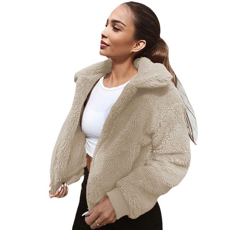 

Solid Color and Velvet Cardigan Coat Woman Pure Color Fleece Cardigan Outwear Female Apricot M