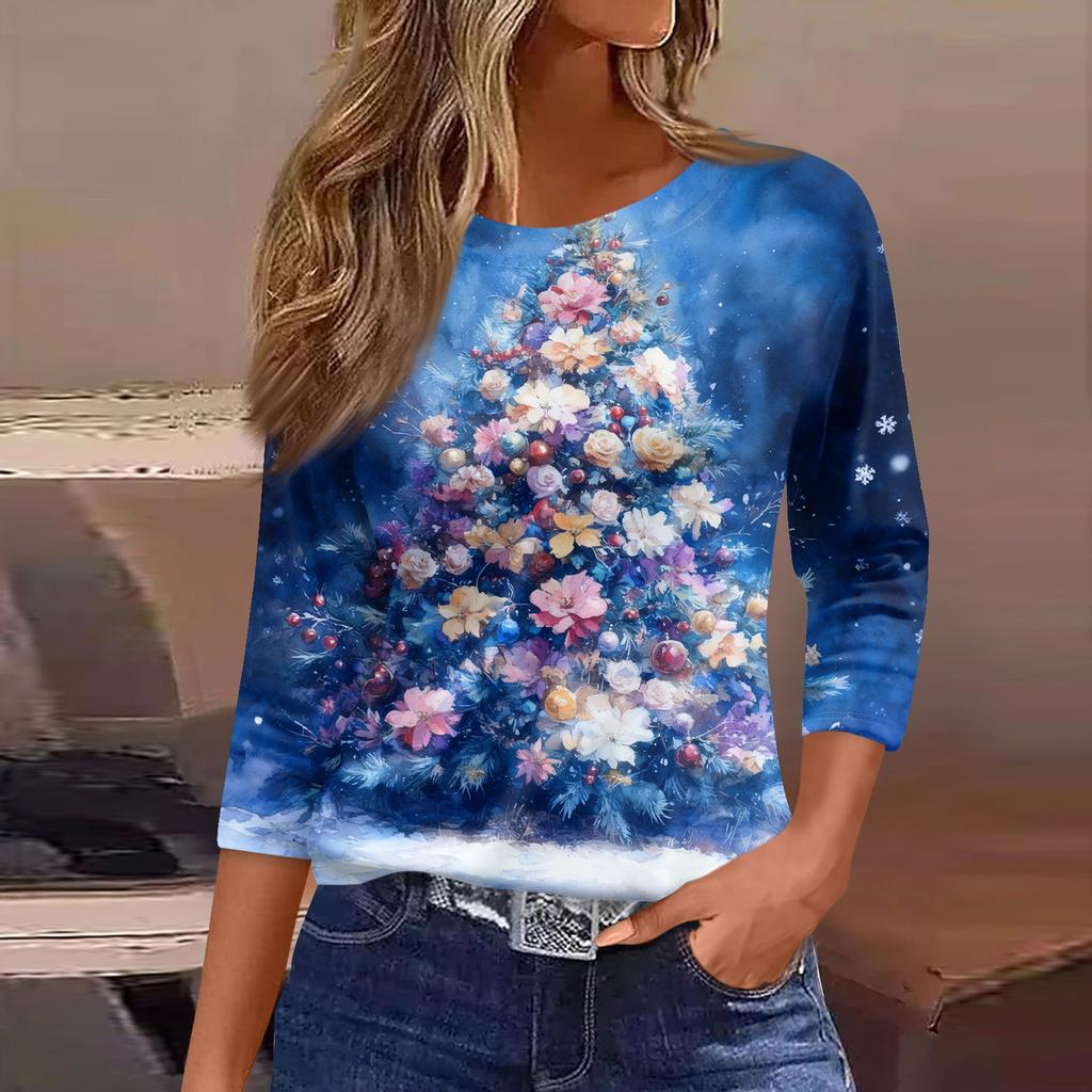 3/4 Sleeve Shirts For Women Print Graphic Tees Blouses Casual Plus Size Basic Tops Pullover