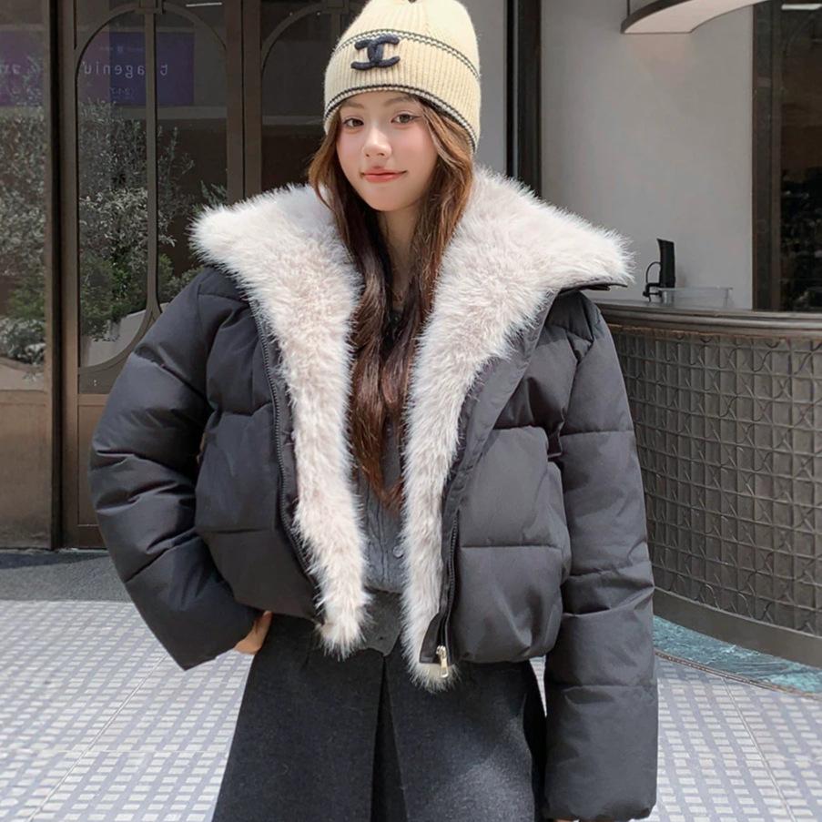 American super fluffy big fur collar lapel down cotton clothes women's winter advanced temperament thickened warm cotton coat