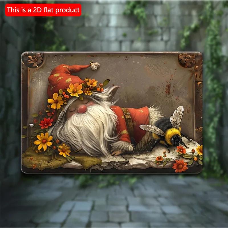 2D Flat Wooden Sign 30*20cm Wooden Wall Yard Decorative Sign, Vintage Gnome and Bee Design, Versatile Wall Hanging Decor Wooden Plaque
