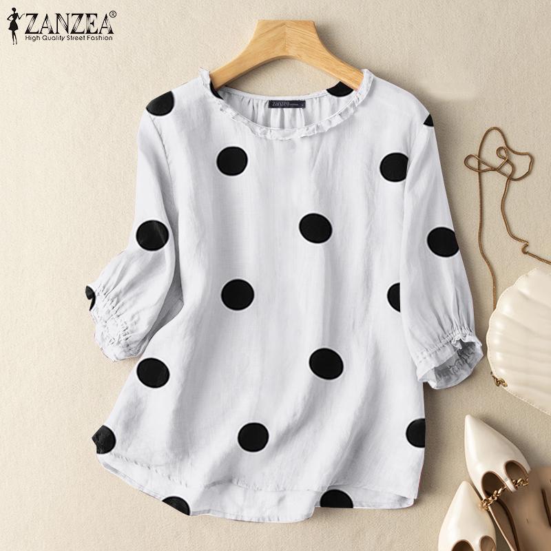 

ZANZEA Повседневная летняя блузка с круглым вырезом и рукавами 3/4 с принтом в горошек