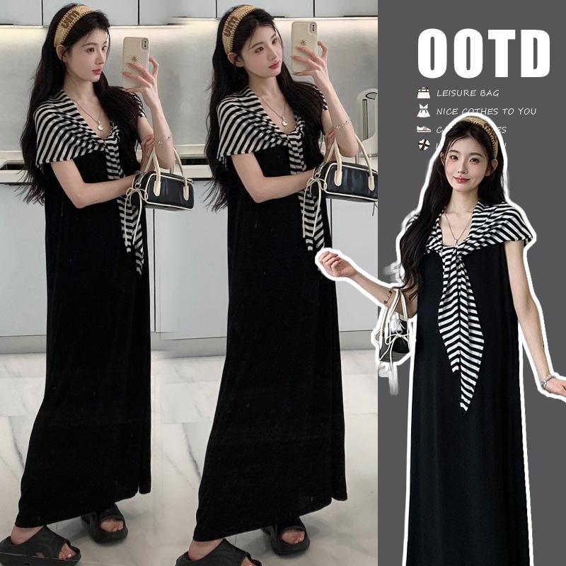 Spring/Summer 2026 Korean Fashion Loose Vest Dress & Knit Stripe Shawl Set L