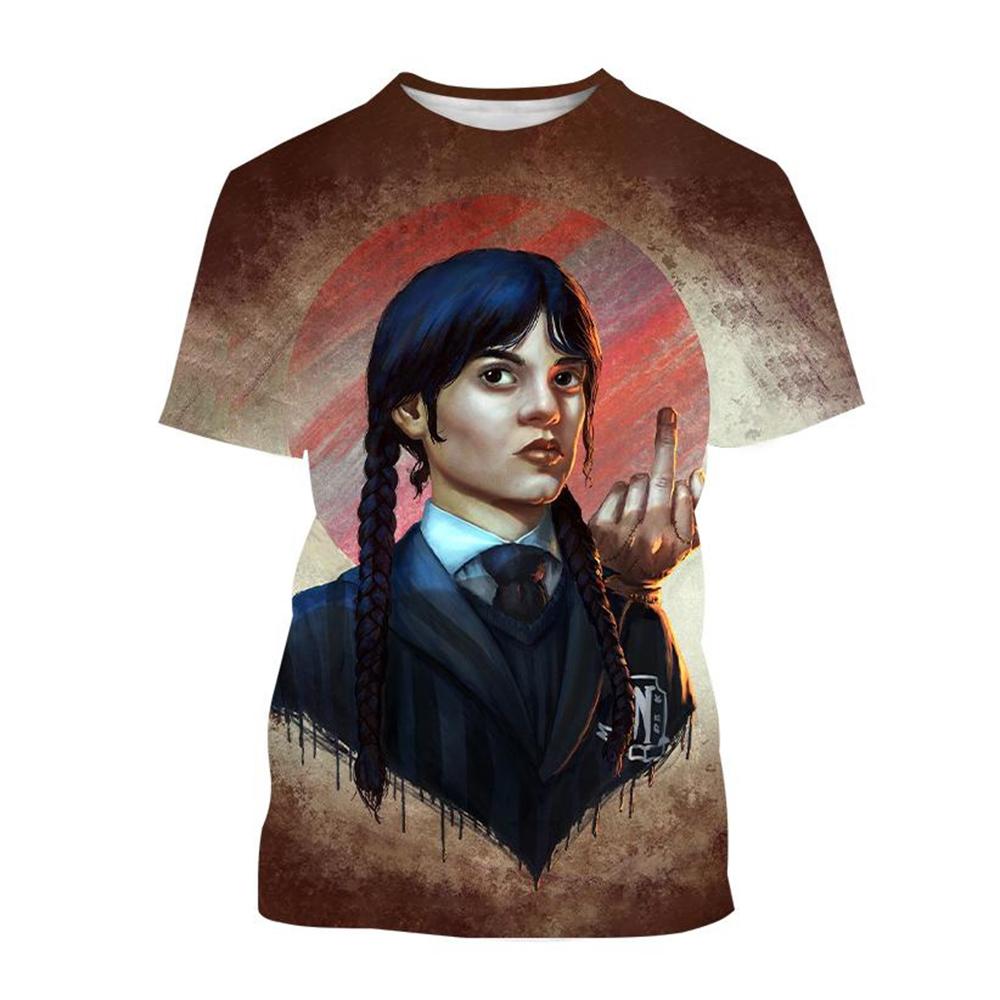 Wednesday Merlina Character Graphic 3D Print Casual Short Sleeved Women's T-shirts - Soft Medium Stretch Polyester Fabric Summer Relaxed Fit Clothing