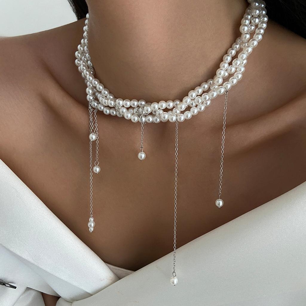 Ingemark Elegant Multilayer Imitation Pearl Choker Necklace For Women Vintage Creative Tassel Pendant Necklace Wedding Jewelry