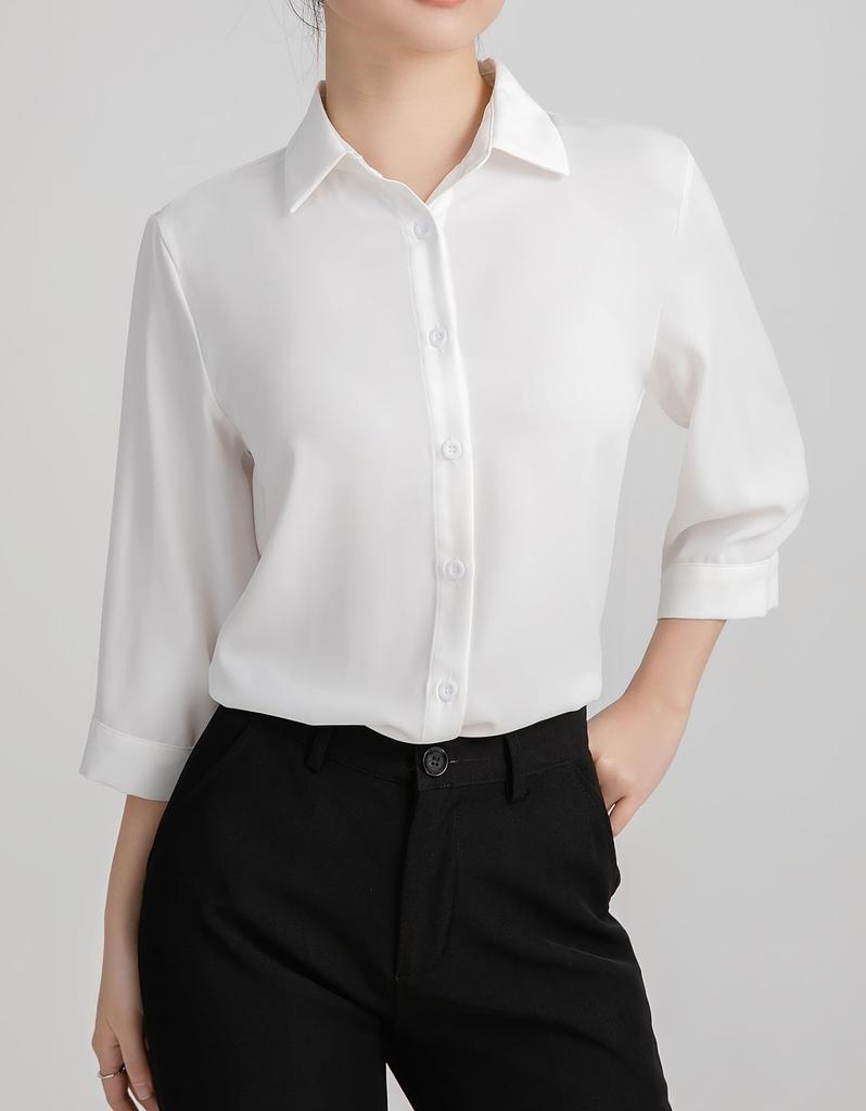 Shirt Blouse Sleeves Soft Dress Shirt Loose Fit Large Size No Iron Office Casual Fashion Commuting Everyday Highly Breathable White M [SPRING SEAON]