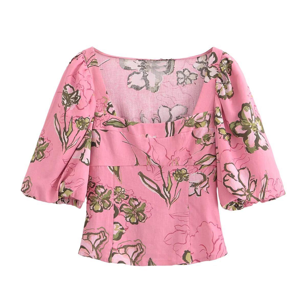 European Style Women s Square Neck Puff Sleeve Printed Shirt Extra Small