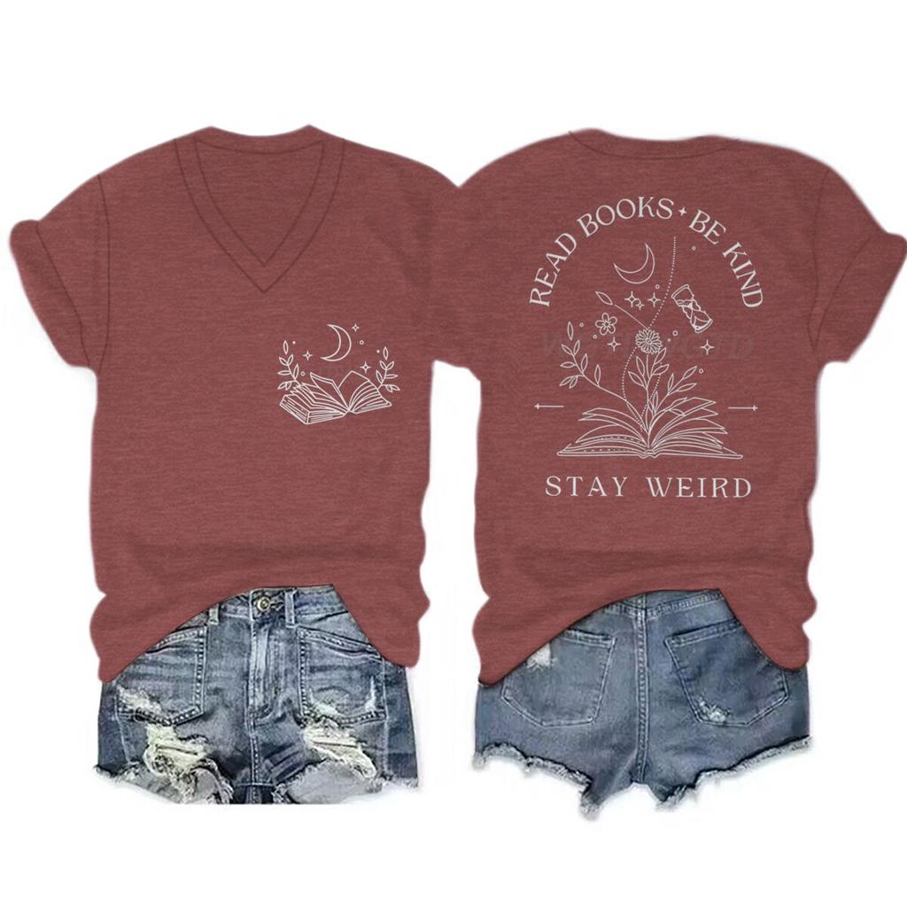 Comfort Colors Read Books Be Kind Stay Weird Shirt Bookish Vneck Short Sleeve Tee Book Lover Boho Gift Floral Design TShirts