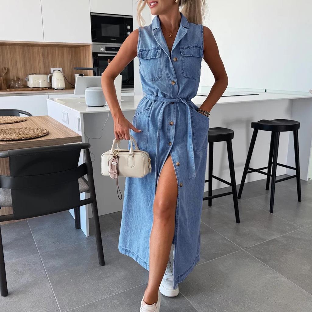 Ladies' Casual and Fashionable Sleeveless Waist Cinched Single Breasted Denim Dress