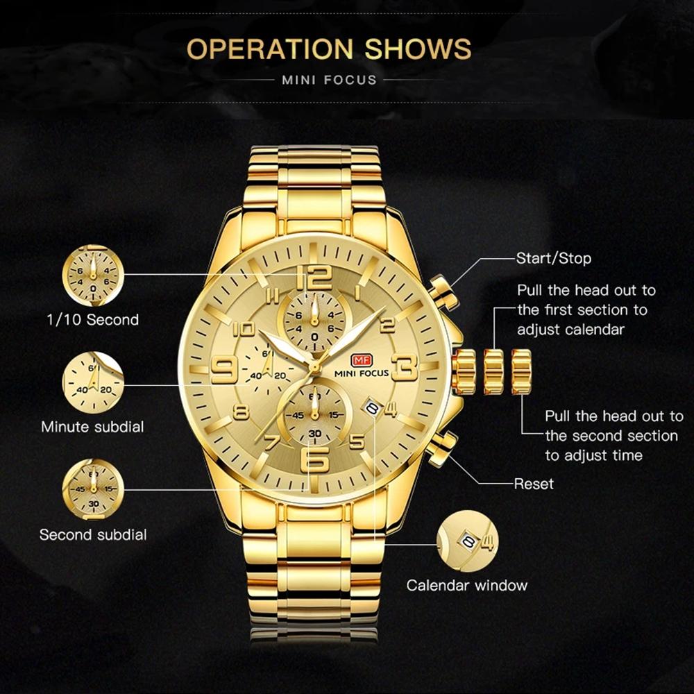 MINI FOCUS Men's Business Quartz Watches Stainless Business Chronograph Watch Gold Blue Relogios Masculino Clock
