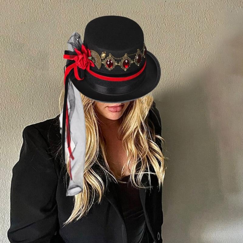 Halloween Hat with Ribbon Top Hat Steampunk Costume Accessories Cosplay Prop for Men Women Vintage Hat
