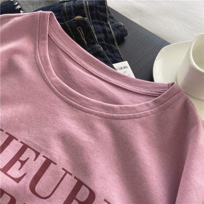 Pink Short Sleeve T-shirt Women's Loose Casual Round Neck Letter Print Thin Large Size Summer Top