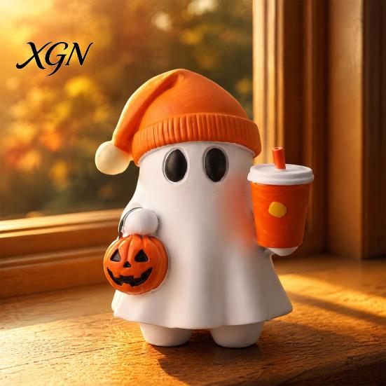Milchtee Geist Geschenk Halloween Figur, Niedliche Lese Statue, Ornament mit Harz Sammlerstück Kürbis Eimer, Skelett Welpe Tischdeko