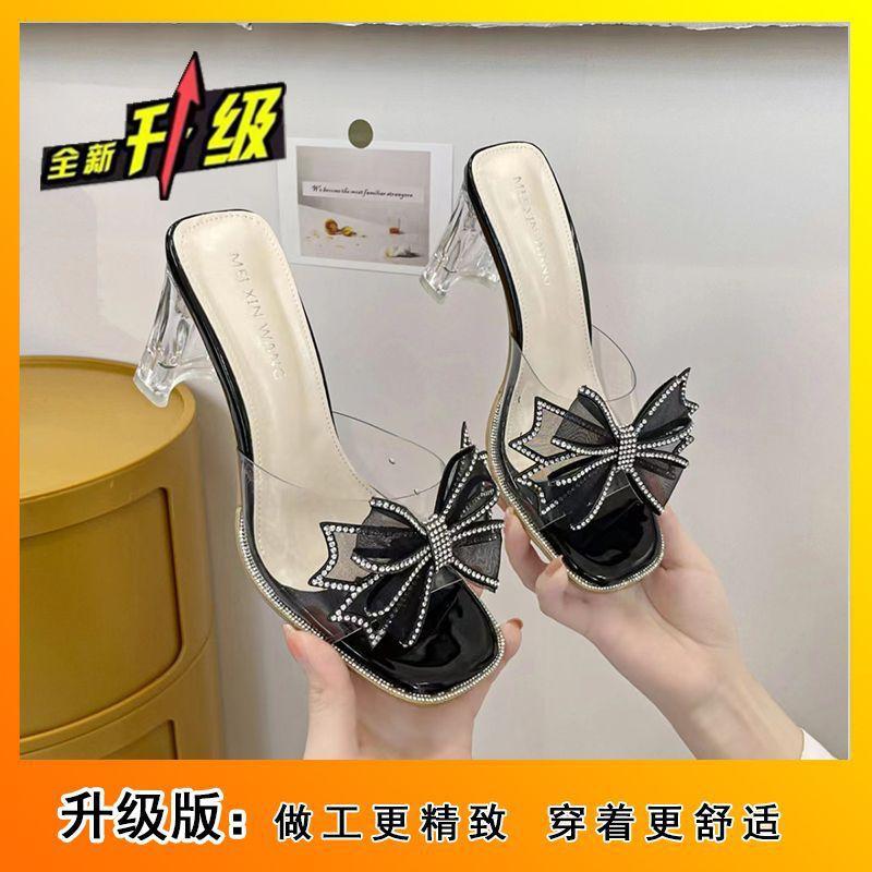 Internet Celebrity Thick Heel Fashion Bow Summer Wear 2025 Transparent Crystal High Heel Slippers Rhinestone Sandals Fairy