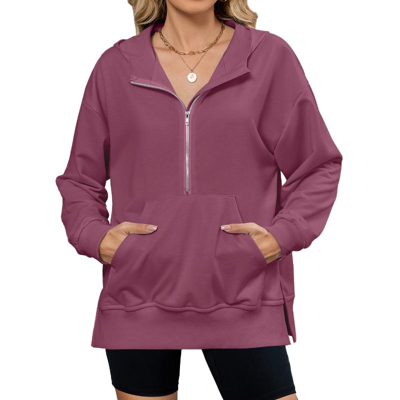 Women Loose Hooded Long Sleeve Zip Pocket Sweatshirt Jacket