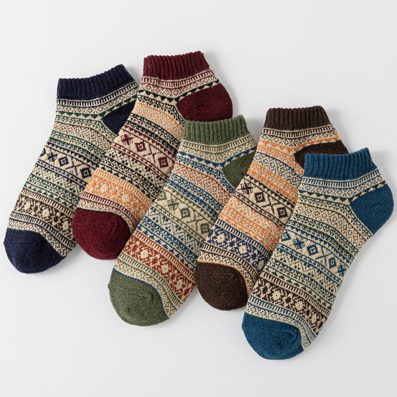 5/10 Pairs Retro Ethnic Style Men's Socks Autumn Winter Thickened Warm Short Length Men's Wool Socks Low Top Boat Socks Comfortable