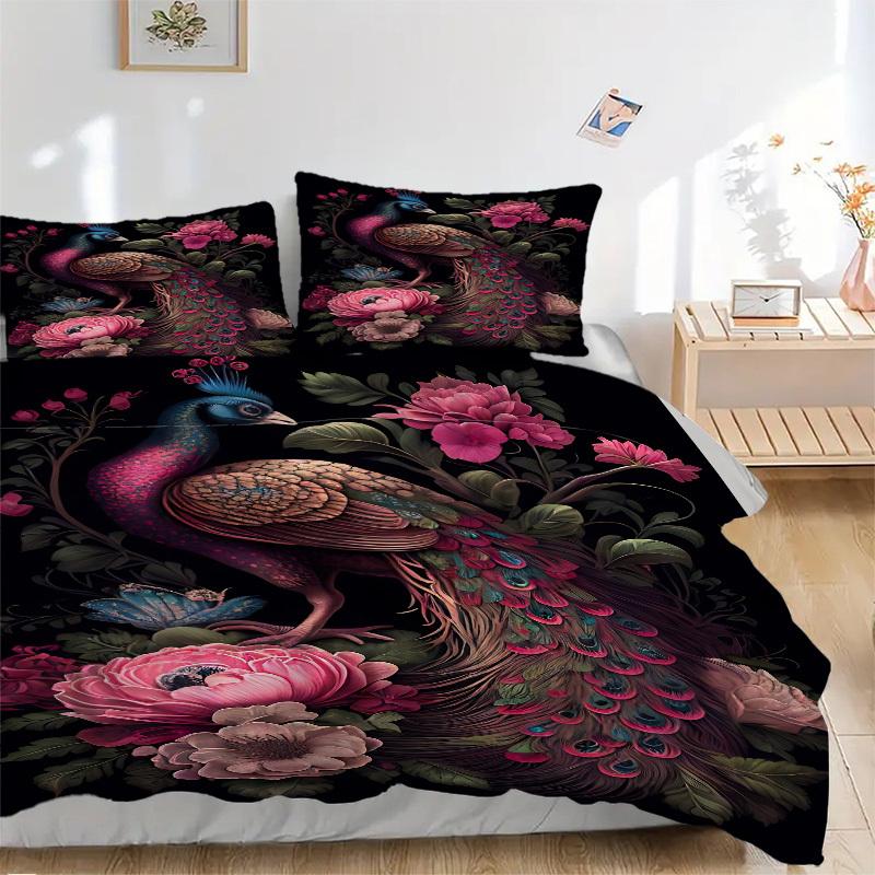 

3PCs Peacock Floral Pattern Design Cover Set, Breathable Fabric(1 Duvet Cover + 2 Pillowcases) (Without Quilt) yy250911191 135x200cm