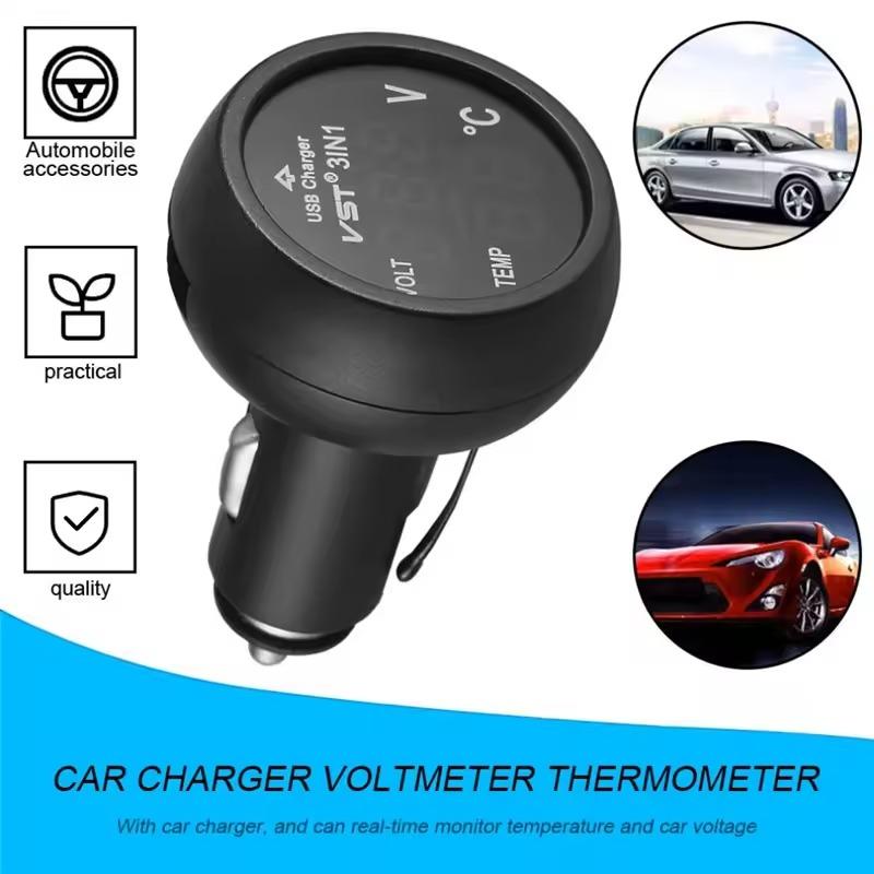 3 In 1 DC 12V/24V LED Digital Meter Display USB Car Charger Voltmeter Thermometer Car Battery Monitor LED Digital Dual Display