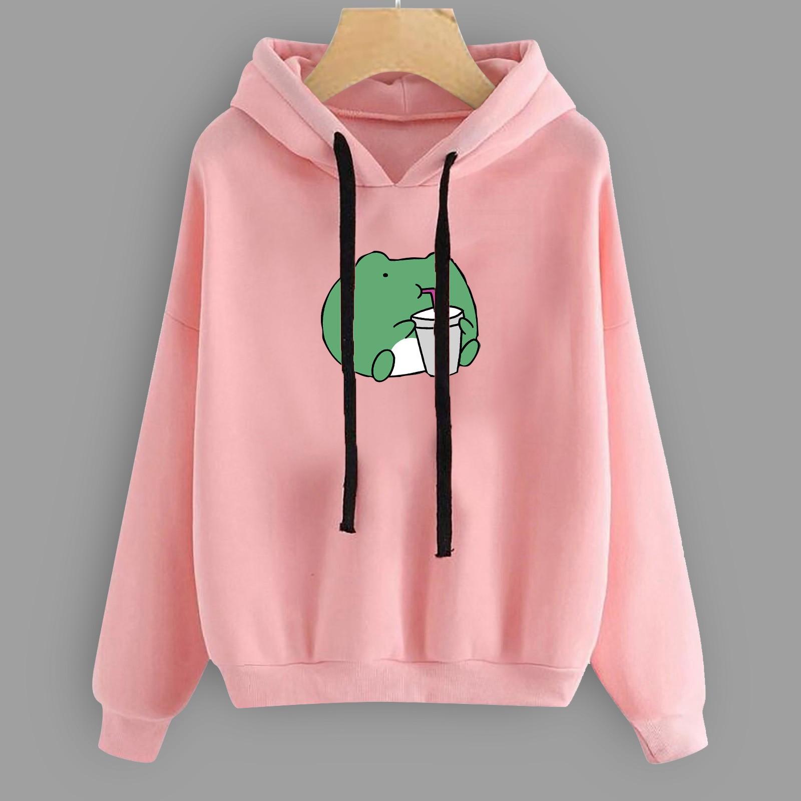 Women s Fashion Casual  Print Hooded Sweatshirt Loose Sports Tops Pullover S розовый