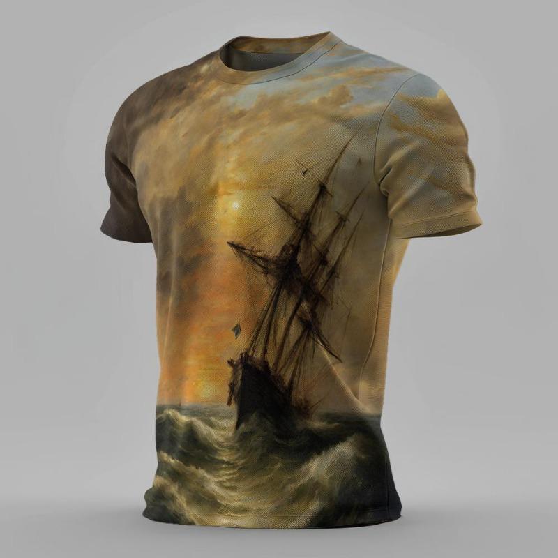 Summer Men Classic Vintage Sailing Pattern 3d Printed T-shirt Short Sleeve Loose Breathable Man T Shirt Plus-Size Casual Top