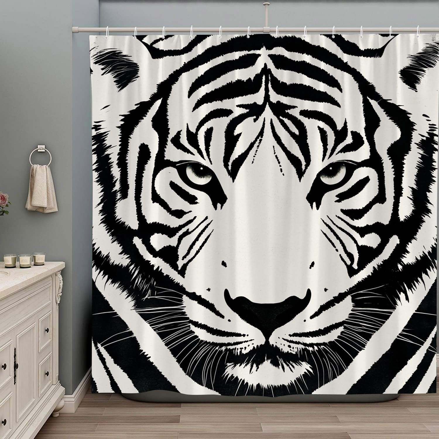 

Шторка для душа Тигр Черно-белый Тематика диких животных Для мальчиков Мужская мода Абстрактное искусство Полиэстеровая ткань Декор для ванной комнаты Набор штор 90x180CM