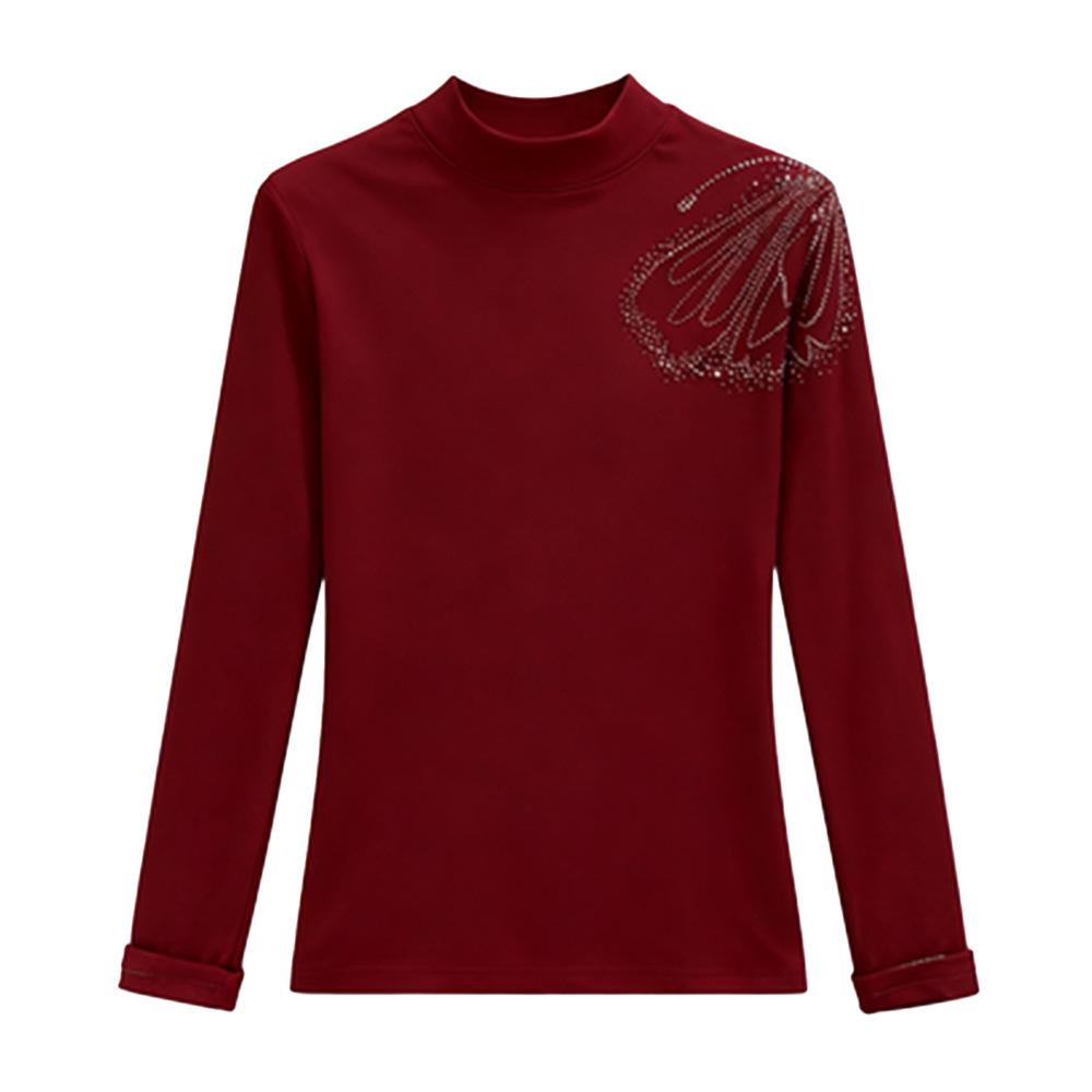Elegant Butterfly Hot Drilling Long Sleeve Top - Semi-High Neck, Age-Reducing, Tummy-Concealing Base Layer for Mom, Autumn/Winter Fashion.