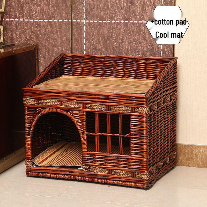 Four Seasons Universal Cat House – Enclosed Rattan Weaving Villa for Cats