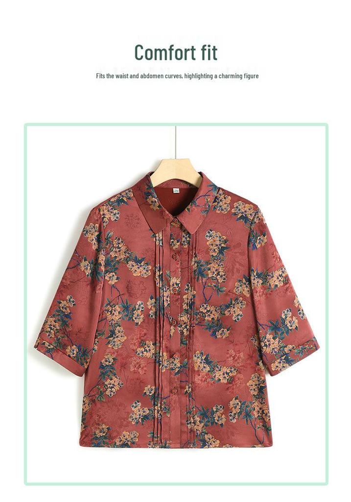 Spring & Summer Floral Print Top for Middle-aged & Elderly Women – Chinese Style Seven-Point Sleeve Shirt
