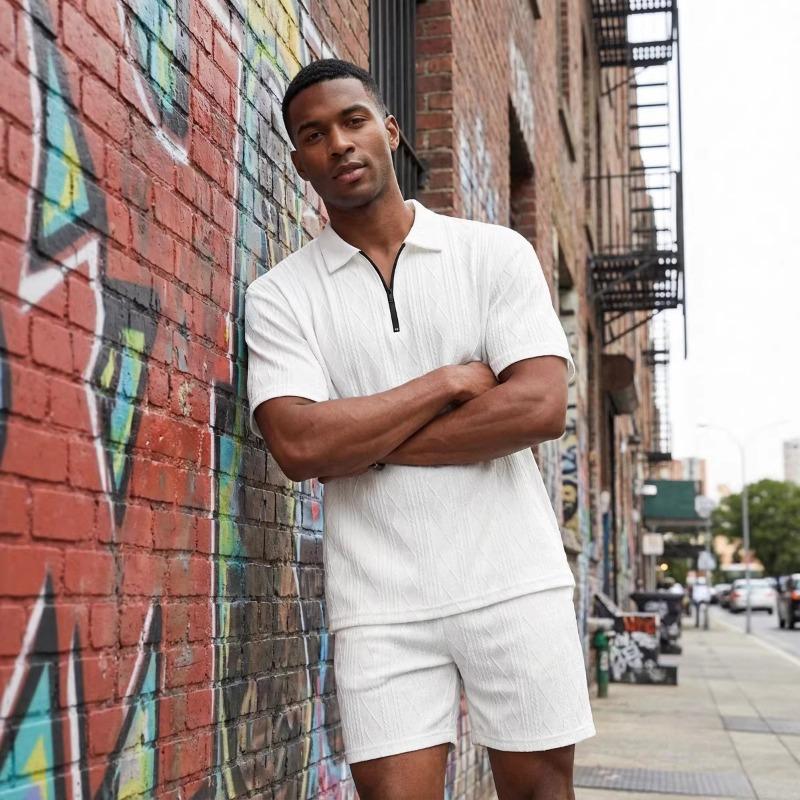 Men's Textured Knit Half Zip Polo Shirt And Shorts Two Piece Set