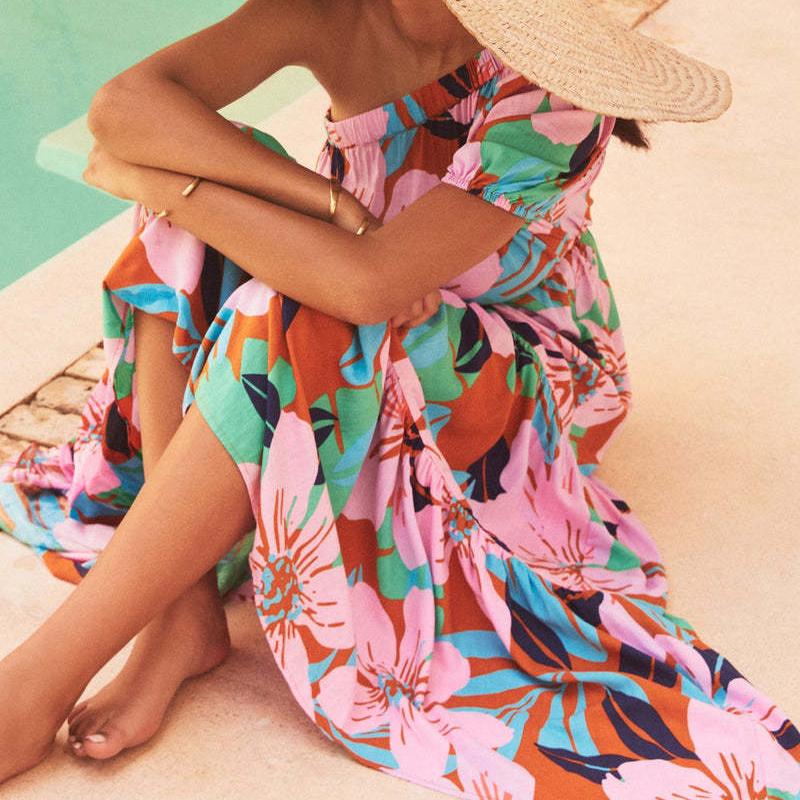 Women Spring Summer Strapless One-Shoulder Print Ankel-Length Dress V-neck High Waist