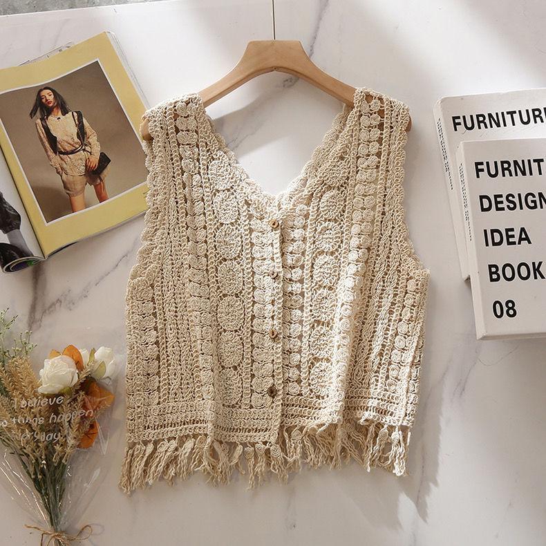 French Niche Design Hollowed-out Crocheted Knitted Waistcoat Vest for Women To Wear Outside In Summer Loose Tassel Sleeveless Spicy Girl Top