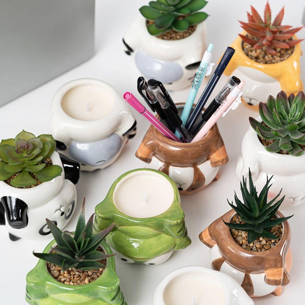 Süßer Keramik-Blumentopf mit Drainageloch Cartoon-Tier-Pflanzgefäß Pflanzenhalter Kleines Schreibtisch-Dekorationsobjekt Haus Bauernhaus