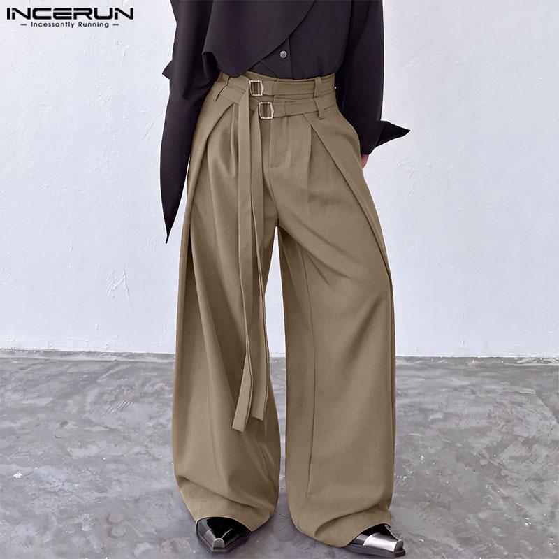 INCERUN Men Double Buckle Belt Drape Loose Fit Wide Leg Pants Long Trousers