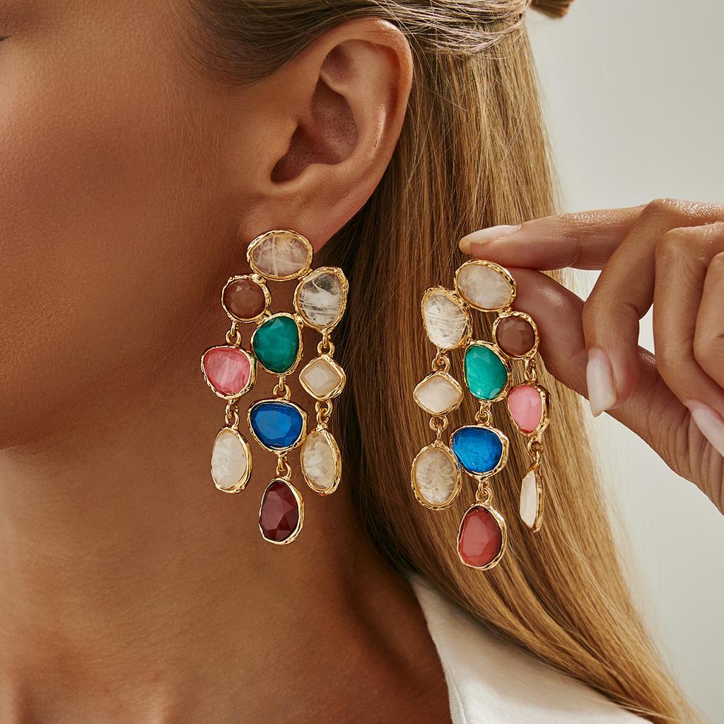 Bohemian Colored Acrylic Diamond Stud Earrings, Stylish Irregular Resin Pendant Earrings