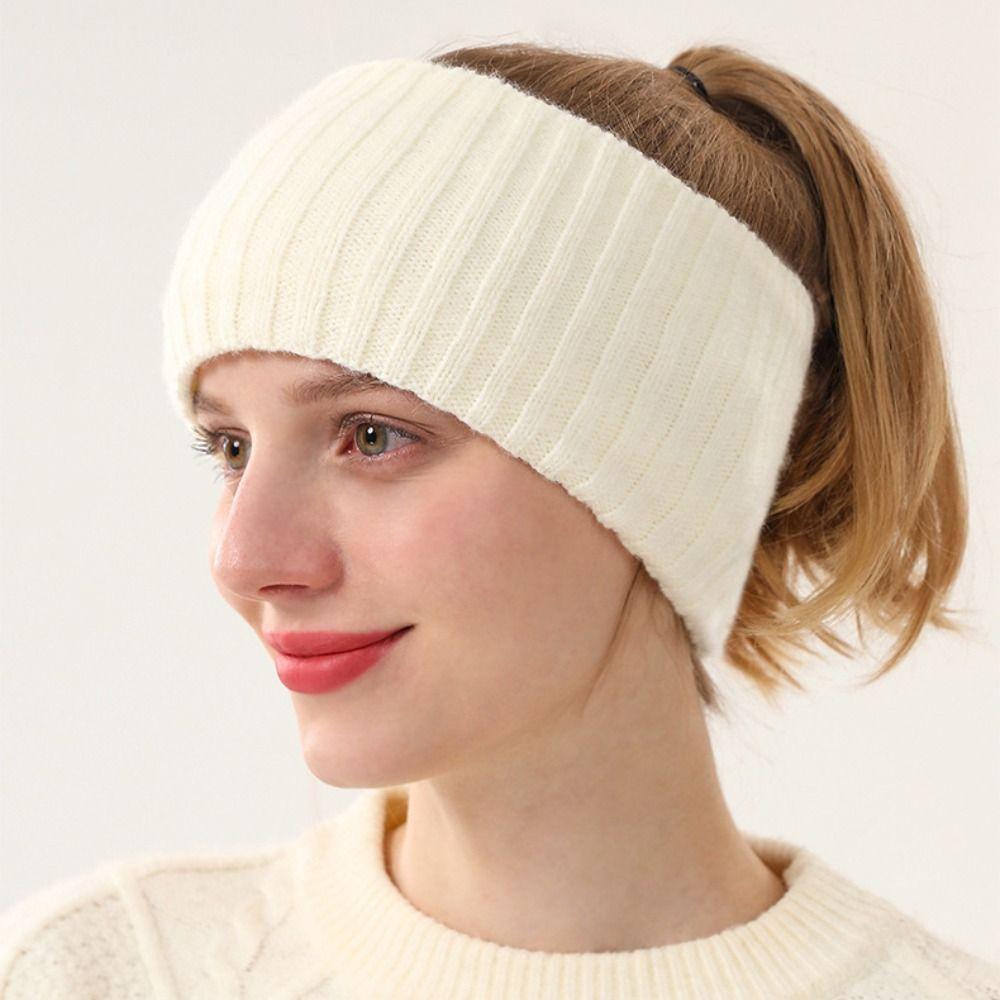 Plush Knitted Headband Ear Warm Winter Elastic Headband Sweet Solid Color Hairband Girl