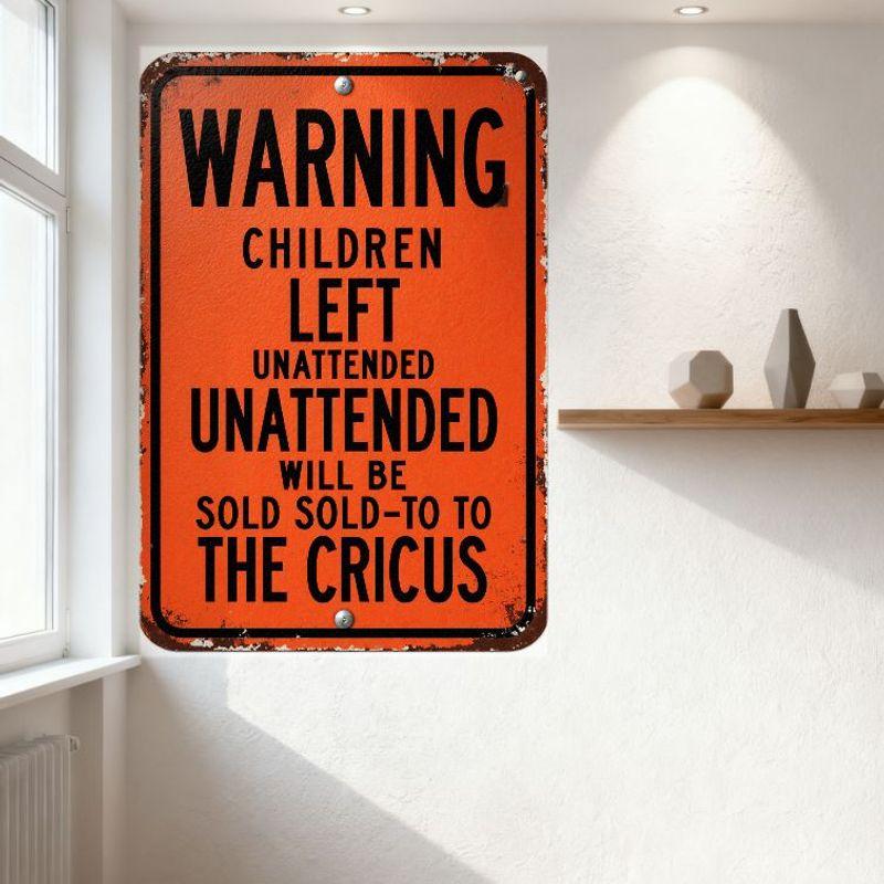WARNING Children Left Unattended Will Be Sold To The Circus Vintage Worn Metal Tin Sign for Home Bar Man Cave Decor