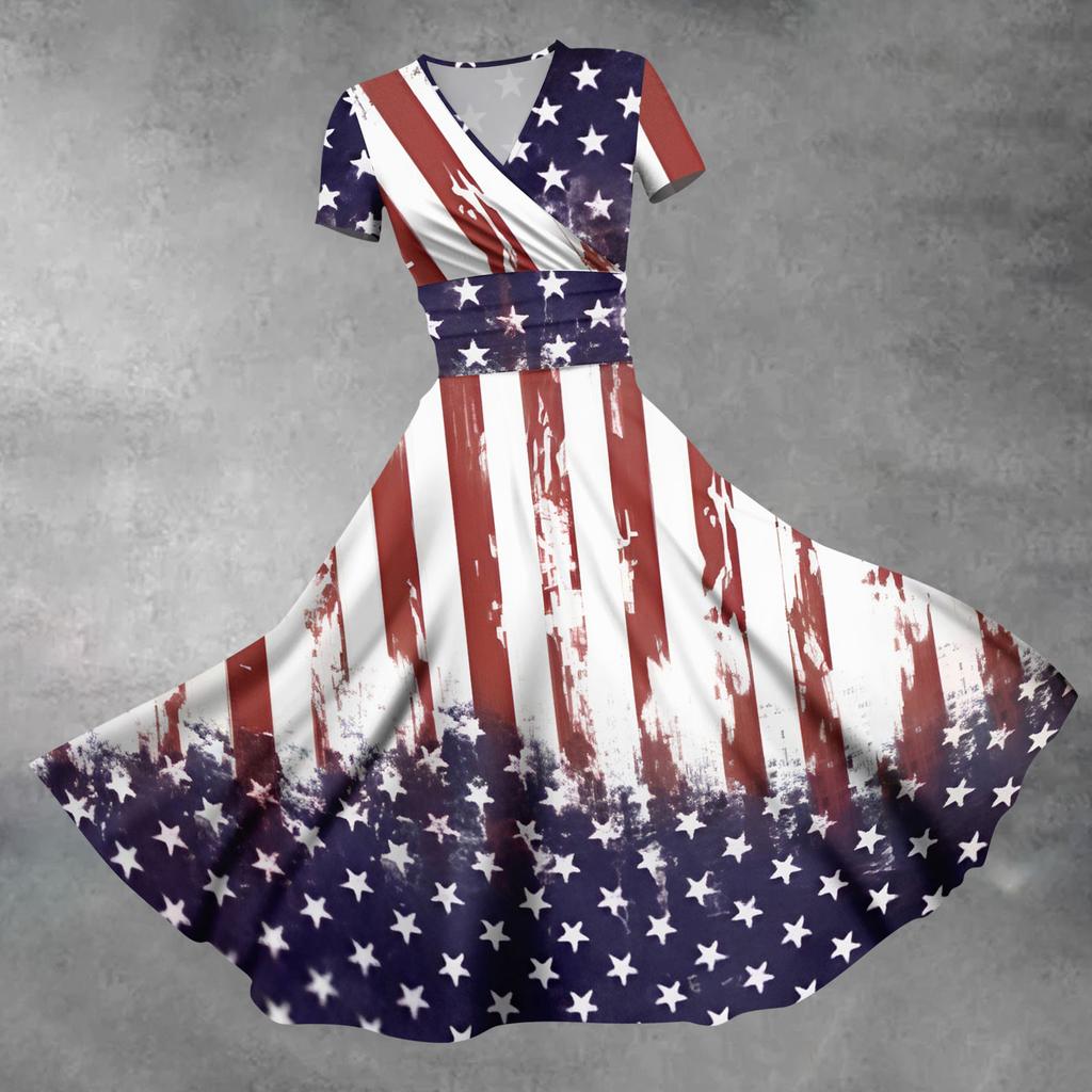 Damenmode Lässiges Independence Day Bedrucktes Kurzarmkleid Elegantes Maxikleid