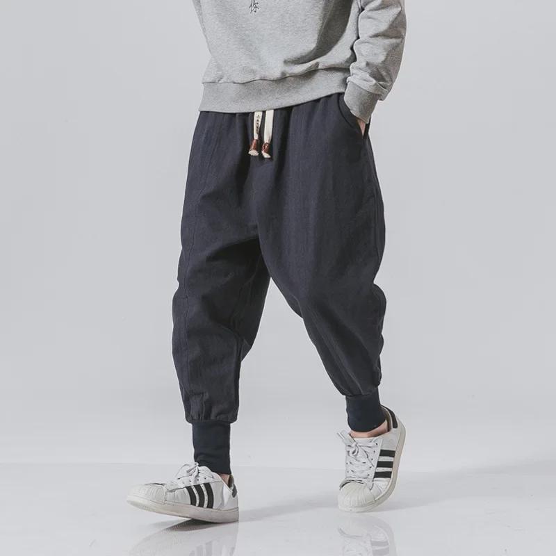 Men's Japanese-Style Loose Harem Pants - Cotton & Linen Blend, Large Size, Trendy Korean Design